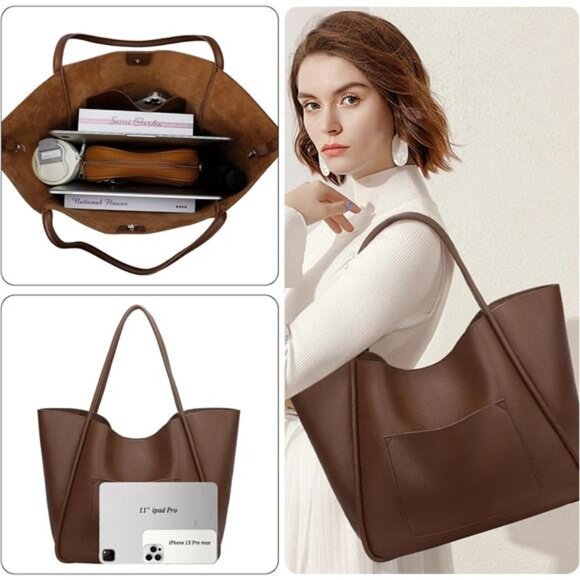Tote Bag Vegan Leather Large Capacity Coffee - Picture 5 of 7